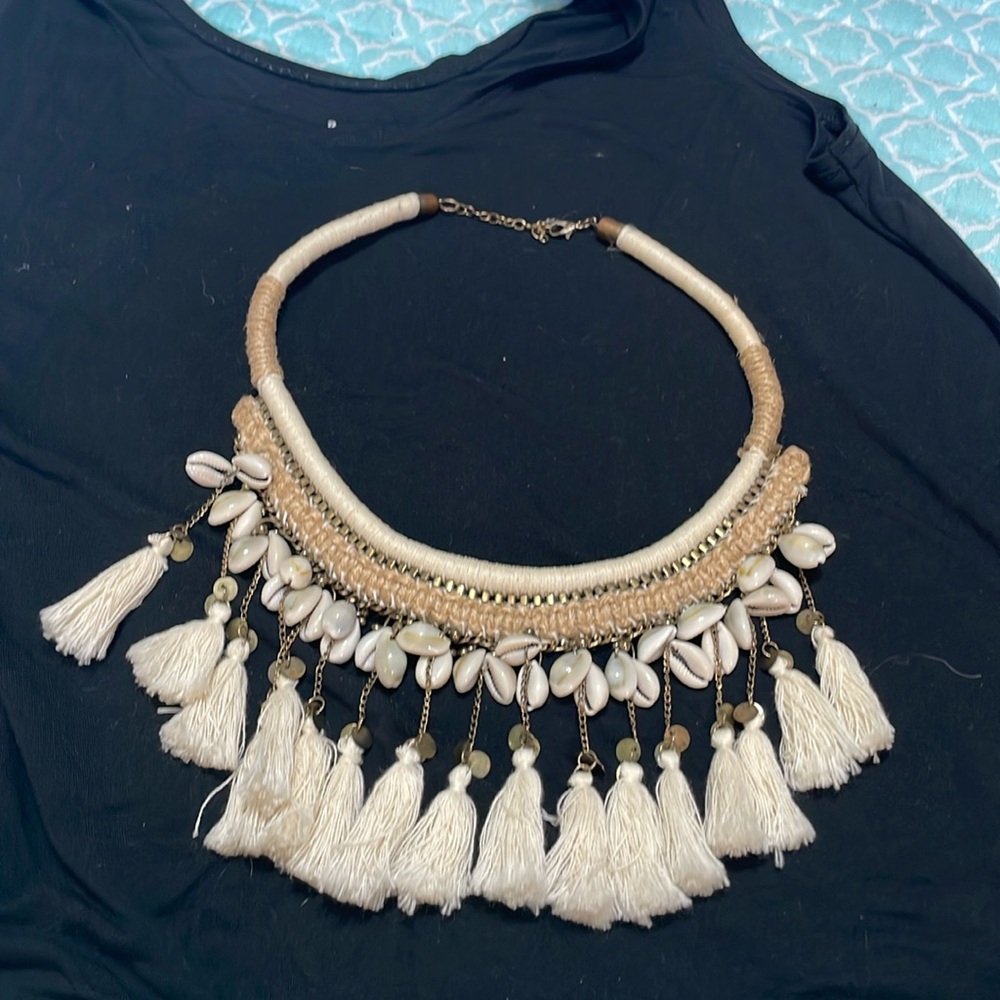 Bohemian crochet shelves and tassel fringe statement necklace